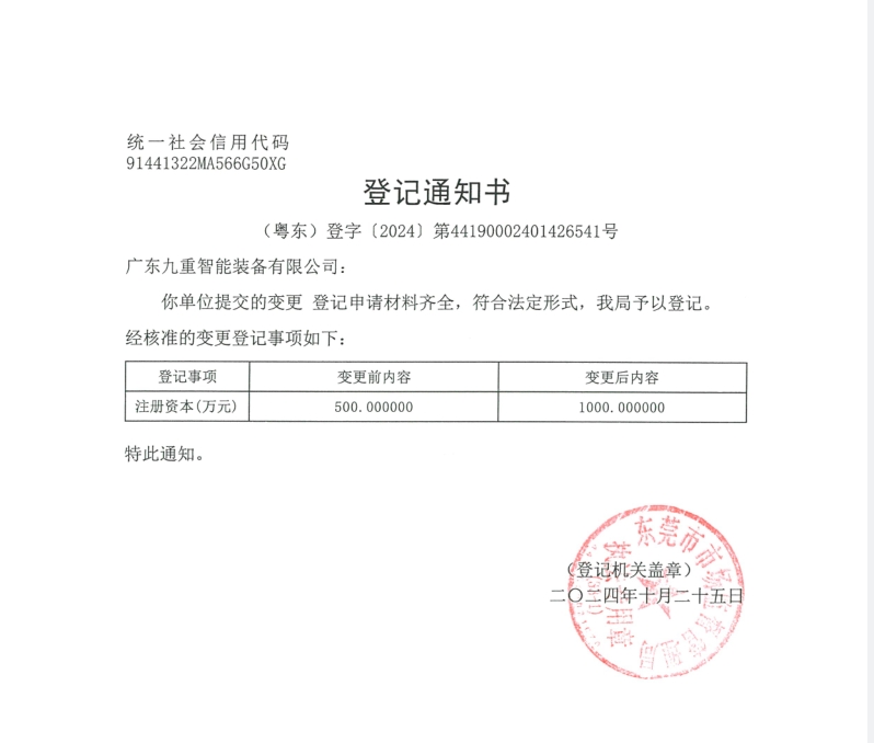 广东九重营业执照变更金额证明